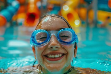 A cheerful child with blue goggles beams a wide smile while swimming in a pool, capturing the fun and joy of water play on a sunny day, with colorful elements in the background.