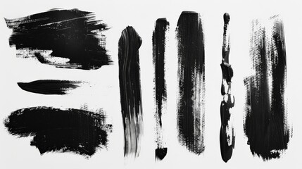 Aufkleber - A collection of dynamic and varied black brush strokes spread across a pristine white background, showcasing diverse textures and densities, conveying movement and artistic emotion.