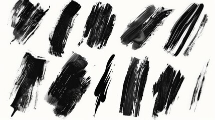 Poster - Diverse set of black brushstrokes on a white background representing an array of artistic techniques and forms, perfect for creative projects and visual design inspiration.