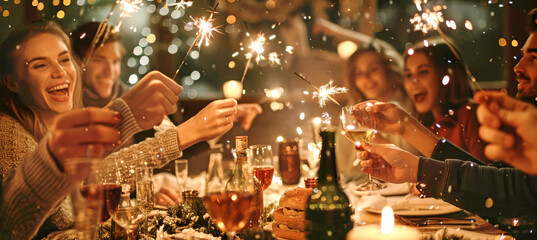 A group of friends gather around a table at Christmas, laughing and celebrating with sparklers as snowflakes fall gently around them