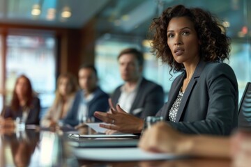 Sticker - Close-up of a woman leading a team meeting, confident and inspiring, modern boardroom setting, Portrait half-body, hyper-realistic, high detail, photorealistic, American professionals