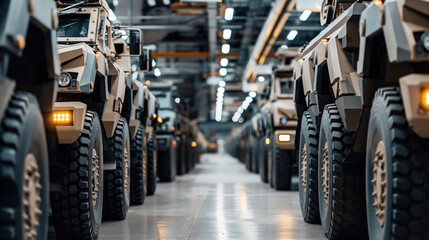 Wall Mural - Row of military armored vehicles lined up in a factory setting with industrial lighting and polished floors.