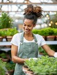 © Design Wizard - Smiling woman wearing an apron tending to green plants in a vibrant greenhouse, embodying the joy and satisfaction of gardening. in a garden center