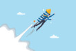 © Nuthawut - Boost business growth, innovation or fast speed development, rocket or firework boosting startup, ambition or aspiration for winner concept, businessman flying high with fast firework in the sky.