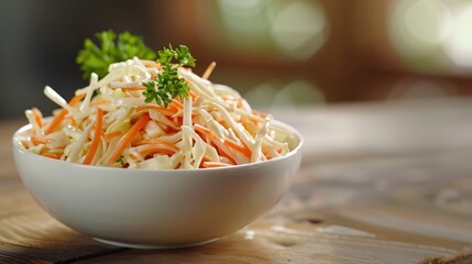 Fresh cabbage slaw with carrot and lettuce toppings. Vegetarian meal option.