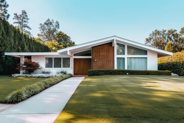 A midcentury modern house with retro design elements, featuring clean lines, large windows, and vintage furnishings, banner, with copy space