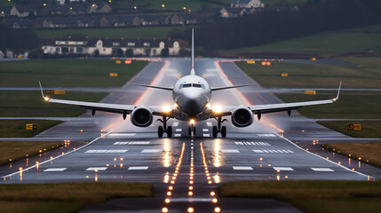 Canvas Print - Commercial airplane landing on a runway with landing gear extended and runway lights visible.