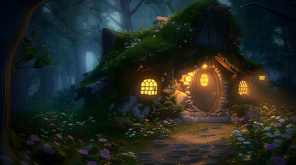 Wall Mural - 3D render of a fairy house in the forest at night.