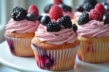 Wall Mural - Delicious freshly baked cupcakes topped with pink frosting and decorated with blueberries and blackberries