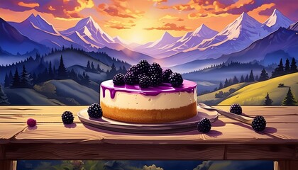 Wall Mural - blueberry cheese cake on a wooden table in the mountains at sunset	