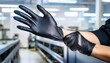© Zag - worker hands wearing black nitrile gloves in factory safety labor workplace protection kitchen chef hand closeup view. 3d render. ai generative