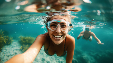 Wall Mural - Person taking a selfie while snorkeling underwater with another snorkeler in the background in clear blue water.