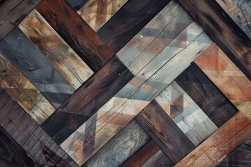 Wall Mural - This image features a beautifully designed wall made from upcycled wooden planks. The panels are arranged in a geometric pattern