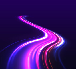 Poster - Light Trails On Road At Night. Luminous bright background. 3d render, abstract futuristic neon background with glowing ascending lines. 