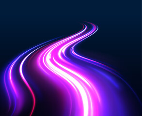 Poster - Light Trails On Road At Night. Luminous bright background. 3d render, abstract futuristic neon background with glowing ascending lines. 