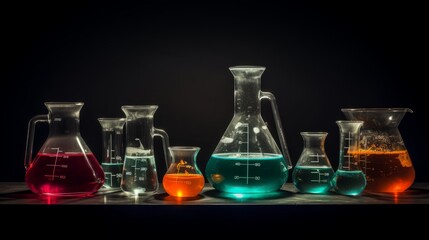 Wall Mural - Laboratory glassware arrangement on dark background, featuring beakers, flasks, and test tubes for scientific research and experimentation concepts


