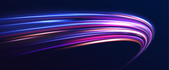Poster - A Colorful Motion Background of City Light Trails. Vortex streams of neon light. Energy flow tunnel. Blue portal, platform. Magic circle vector.	