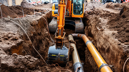 Wall Mural - Excavator digging a trench for underground pipeline installation. Construction site with machinery and workers laying pipes in the trench.