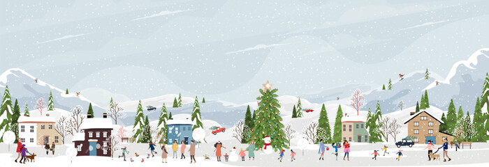 Wall Mural - Christmas Background,Winter Village landscape blue sky with snowy people playing ice skate in city park celebrating on New Year,Vector Xmas horizon banner nature winter wonderland forest tree