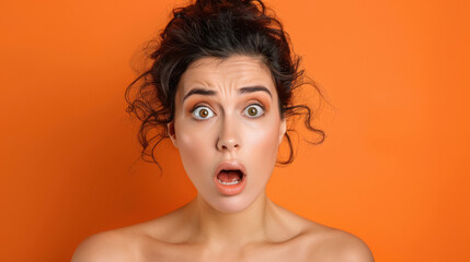 Wall Mural - Young woman giving shocking expression on orange background