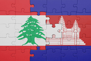 Wall Mural - puzzle with the colourful national flag of lebanon and flag of cambodia .