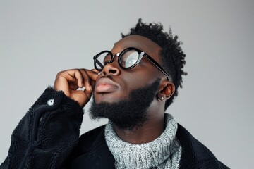 Young black man adjusting glasses and looking up with hopeful expression on gray background