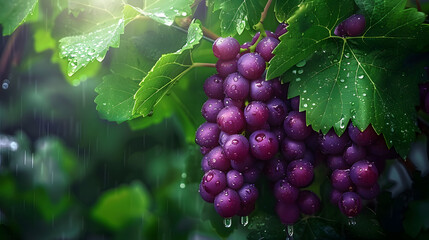 Wall Mural - A bunch of bright purple grapes amidst the lush green leaves. There are soaking water drops from the rain in the background, which are softly blurred, making the background look peaceful and natural.