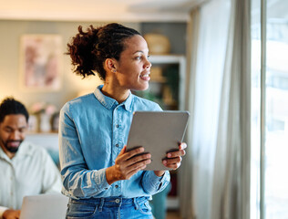 Poster - tablet laptop woman business computer working office businesswoman teamwork businessman man colleague couple team together partner love