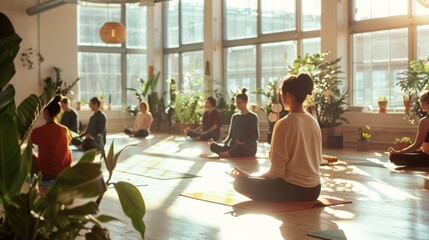 Wall Mural - A group of people practice yoga in a sunlit studio, sitting in a meditative pose.