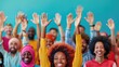 © IYearDesign - Community gathering of people from various backgrounds, hands raised in unity, equality for all, solidarity, togetherness