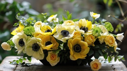 Canvas Print - Bright and stylish arrangement of anemone yellow roses and narcissus