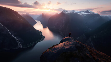 Poster - Person standing on cliff overlooking majestic fjord at sunset with steep mountains and serene water below.