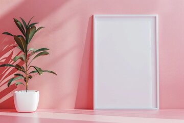 Minimalist Interior Design with Blank White Poster and Potted Plant against Pink Wall - Perfect for Modern Decor Ideas or Print Mockups