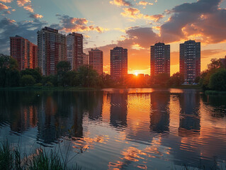 Wall Mural - Cityscape Sunset Reflection Over Urban Lake