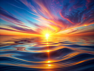 Wall Mural - sunset over water, Abstract Sunrise Over Serene Waters: A 3D Digital Artwork Featuring Fluid Motion and Vibrant Light