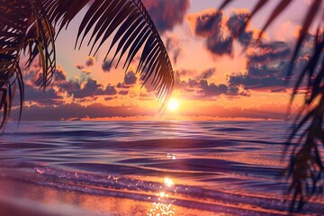 Wall Mural - Generative AI Image of Beach with Sunset Sky and Palm Tree Wallpaper