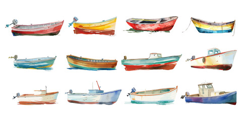 Wall Mural - Set of watercolor boats on white background.