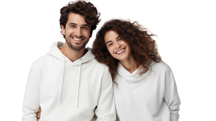 Smiling couple looking at camera isolated on white background.