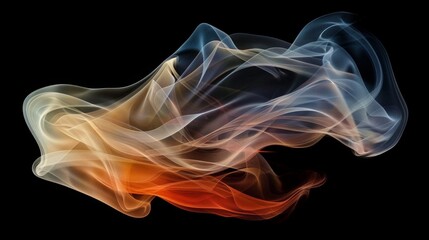 Colorful smoke dances and swirls against a black backdrop, creating a vibrant abstract pattern with shades of orange, red, blue, and black. Plenty of copy space available for creative projects