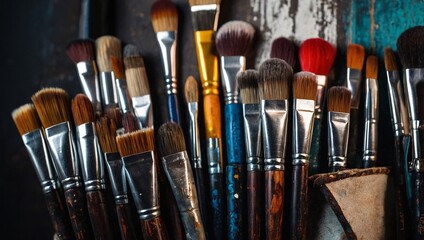 Detailed view of artist's professional brushes and tool