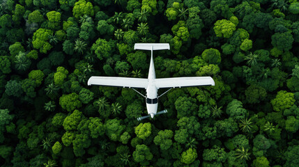 Sticker - Aerial view of a white propeller airplane flying over a dense green forest, showcasing the lush canopy of trees from above.