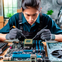 Repairman computer Installation CPU on socket of the motherboard. Computer technology and hardware maintenance or repair