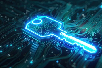 glowing digital key on a dark circuit board symbolizing cybersecurity and data encryption. cybersecu