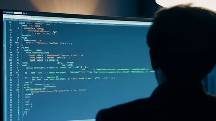 Programmer coding on computer screen in dark room