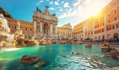 Famous landmark fountain di Trevi in Rome, Italy during summer sunny day, Generative AI