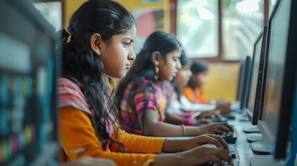 Focused indian Students Learning in Computer Lab at School Using Desktop Computers