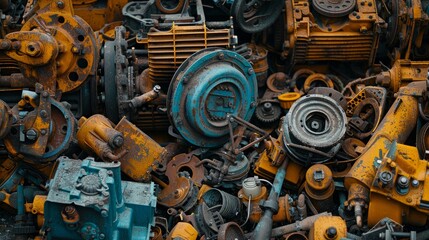 Rusty Engine Parts in a Junkyard Pile