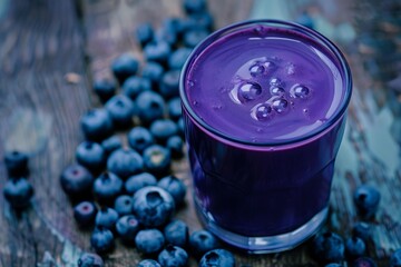 Wall Mural - Glass of blueberry smoothie sits on a rustic wooden surface and is surrounded by fresh blueberries