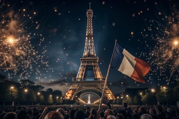 July 14 is the National Day of France. The national flag of France on the background of the Eiffel Tower. Tricolor. The concept of the Olympic Games in France 2024