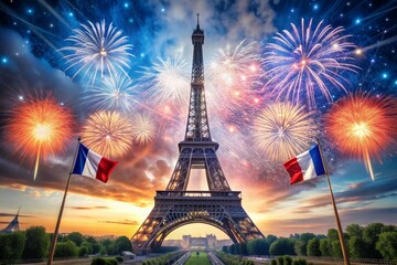 Wall Mural - July 14 is the National Day of France. The national flag of France on the background of the Eiffel Tower. Tricolor. The concept of the Olympic Games in France 2024